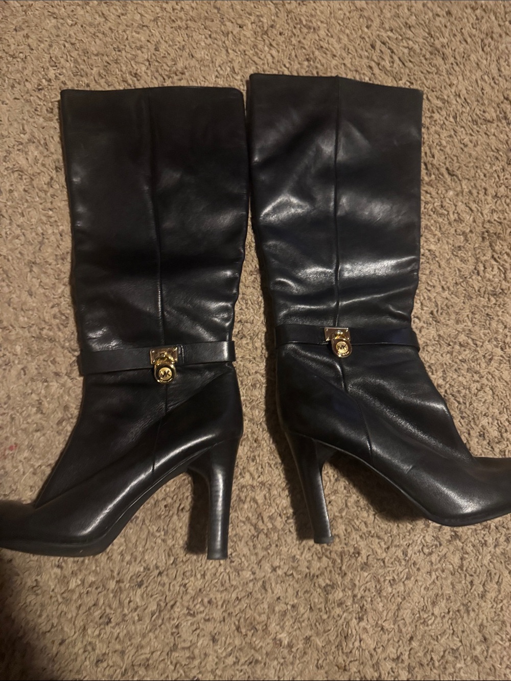 Michael Kors Black Leather Mid-Calf Heeled Boots with Gold MK Accent